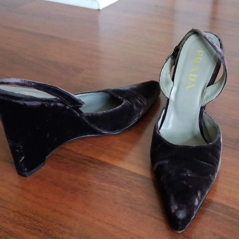 Prada Black Velvet Pointed Wedge Slingbacks